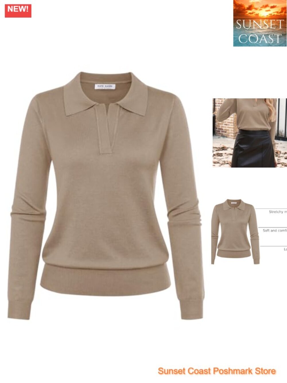Women's Long Sleeve V-Neck Ribbed Knit Polo Sweater Pullover